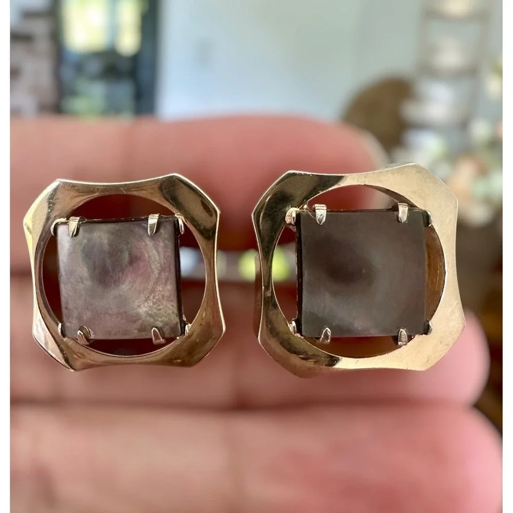 Vintage Dante Cufflinks 0.875 Inch Art‎ Deco Mother of Pearl Gold Plated Signed